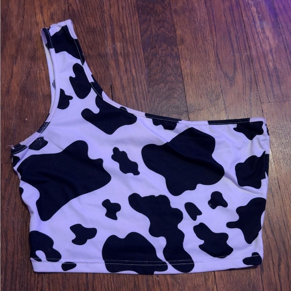 SHEIN Tops - SHEIN One-Shoulder Cow Print Crop Top - Black & White